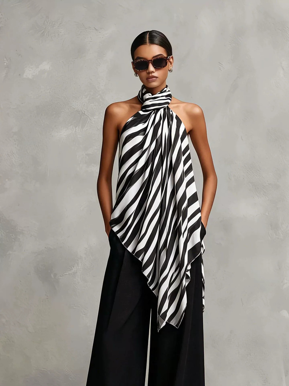 ZARA Zebra Print Halter Neck Tie Top Black Wide Leg Pants Vacation Outfit